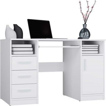 Bureau DELTA met 3 lades, 1 deur & planken – modern design, praktisch | Kleur: Wit | 120x60x75 cm