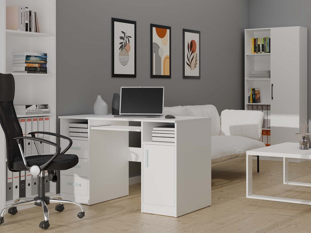 Bureau DELTA met 3 lades, 1 deur & planken – modern design, praktisch | Kleur: Wit | 120x60x75 cm