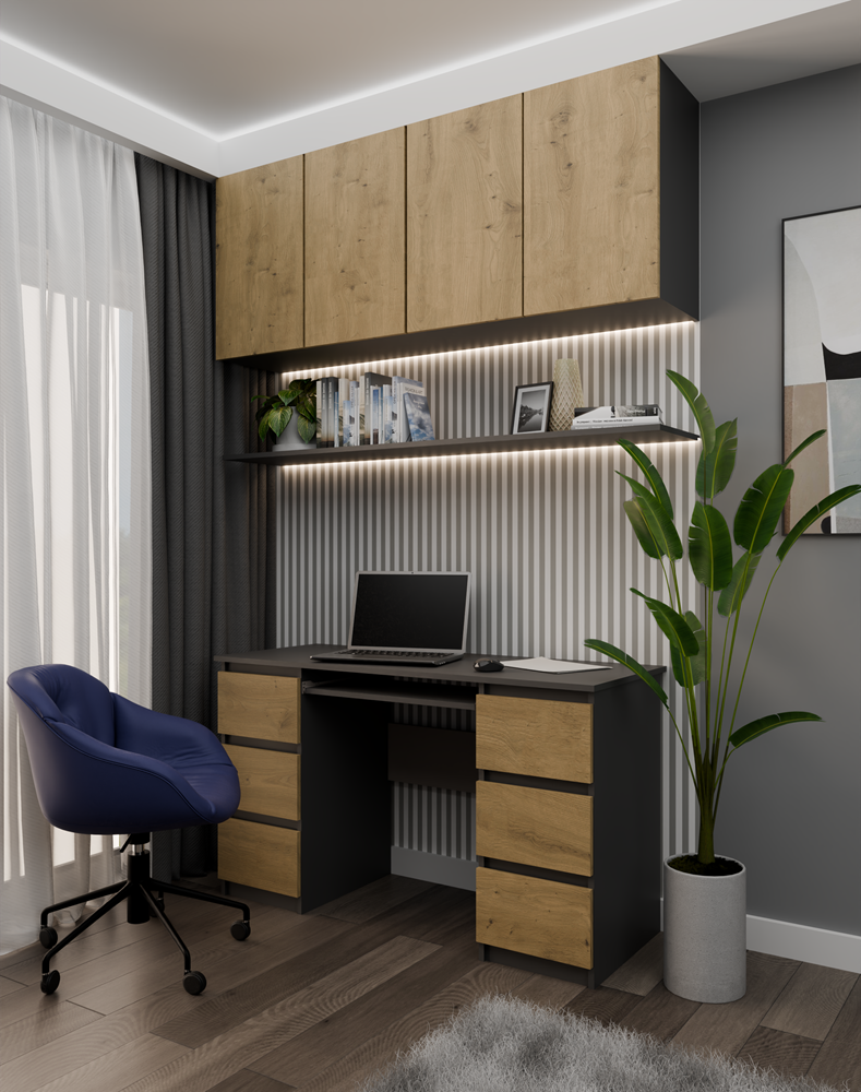 Functioneel Bureau Cuba met 6 Lades – Ruimtebesparend & Modern | Kleur: Antraciet & Eiken