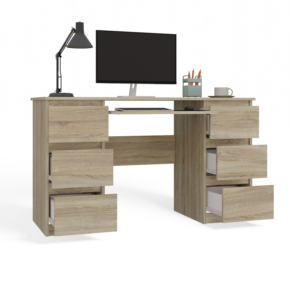 Functioneel bureau met 6 lades en toetsenbordlade - Model CUBA | Kleur: Sonoma Oak | 130x51x76 cm