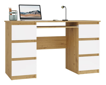 Functioneel bureau met 6 lades en toetsenbordlade - Model CUBA | Artisan Eik & Wit | 130x51x76 cm