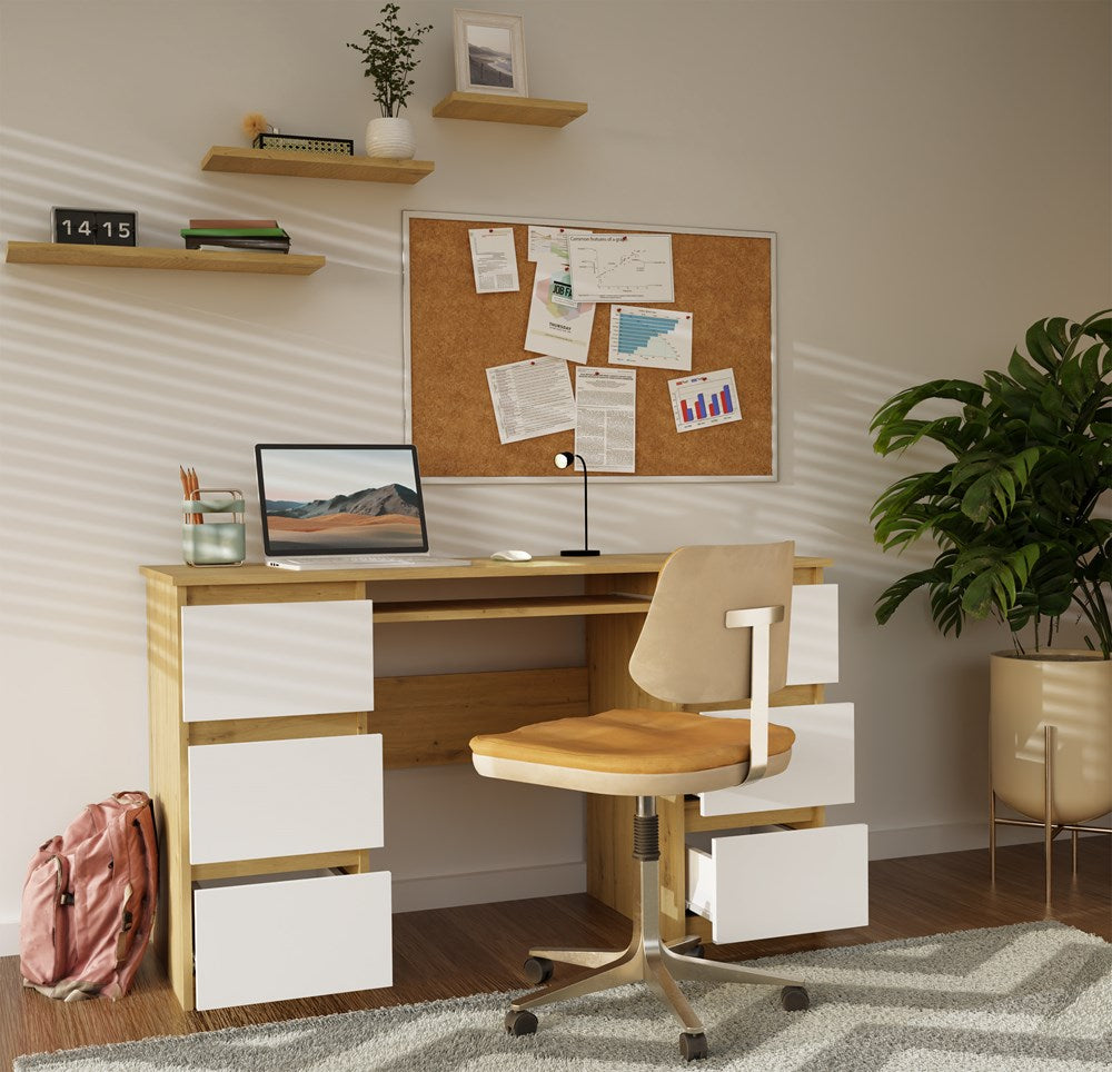 Functioneel bureau met 6 lades en toetsenbordlade - Model CUBA | Artisan Eik & Wit | 130x51x76 cm