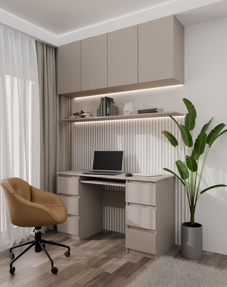 Functioneel bureau met 6 lades en toetsenbordlade – Modern ontwerp | Kleur: Klei | Maat: 130x51x76