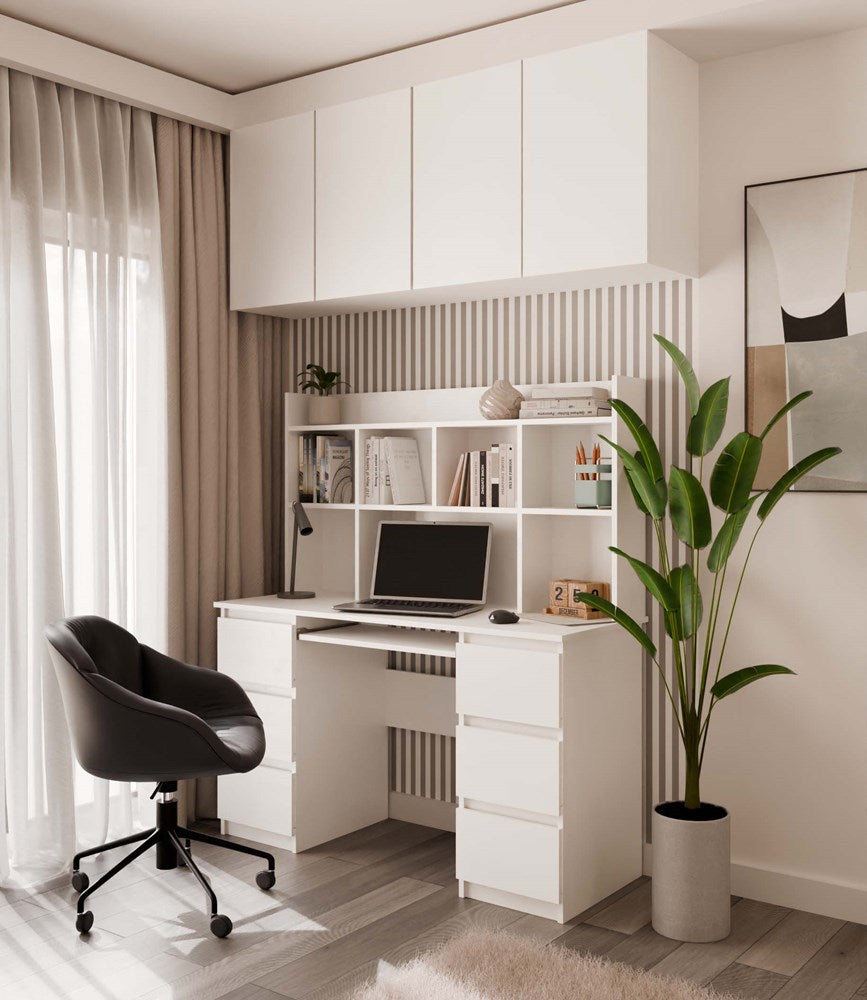 Kuba Bureau met Bovenstuk – Functionele Werkset met 6 Lades en 5 Planken | Wit | 130x146x51 cm