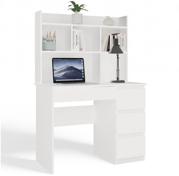 Bureau MIJAS Rechts met Verlengsel - 4 lades & open schappen | Kleur: Mat Wit | Maat: 98x51x146 cm