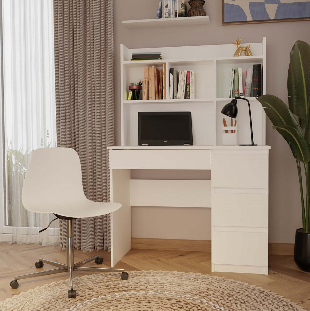 Bureau MIJAS Rechts met Verlengsel - 4 lades & open schappen | Kleur: Mat Wit | Maat: 98x51x146 cm