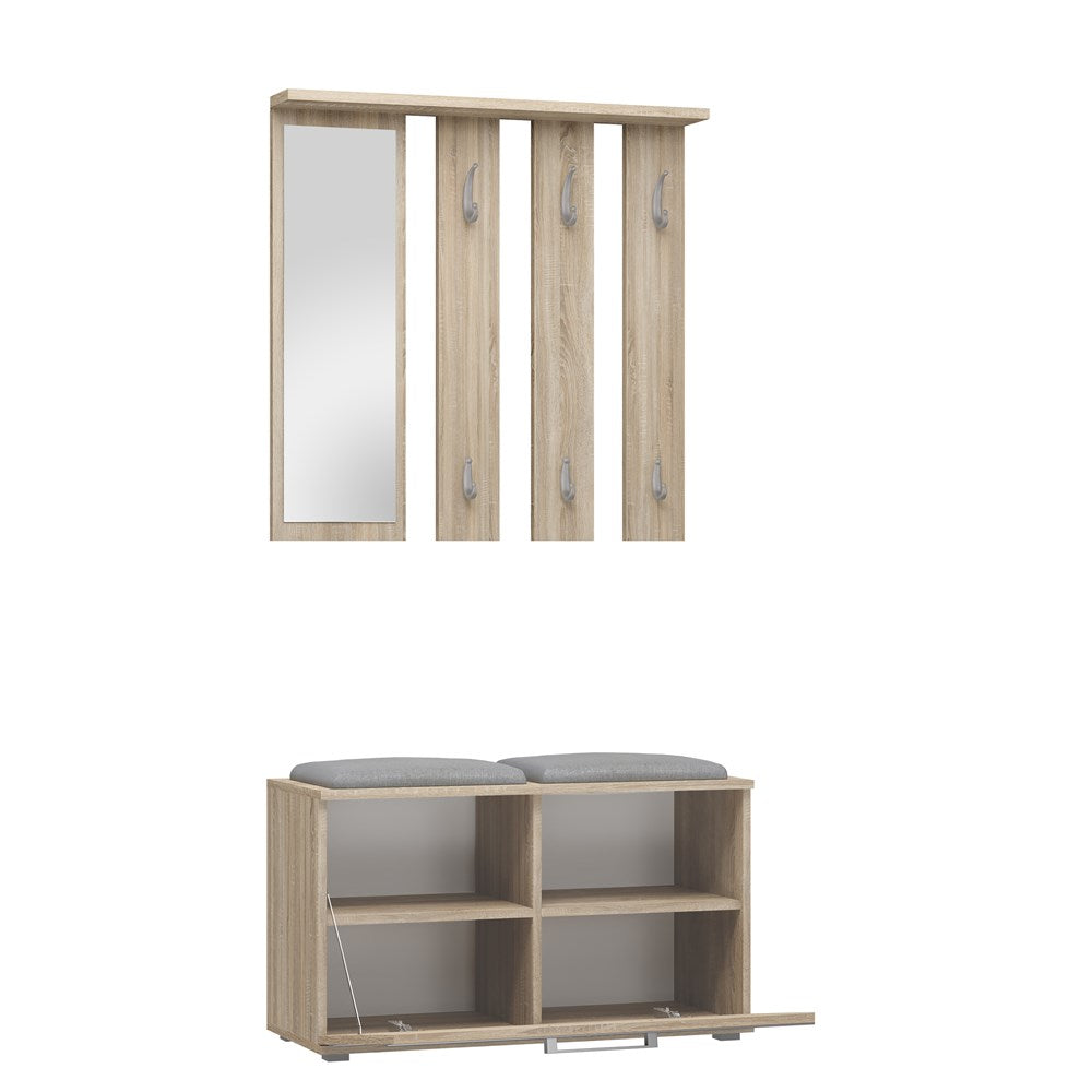 Halsethanger met spiegel, schoenenkast (8-9 paar) en zitting - Opalen Garderobe | Kleur: Sonoma