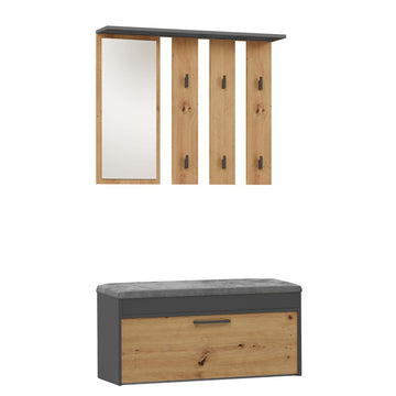 Garderoobeset Parma – Modern halmeubel met schoenbank, spiegel en 6 haken | Antraciet/Artisan Eiken