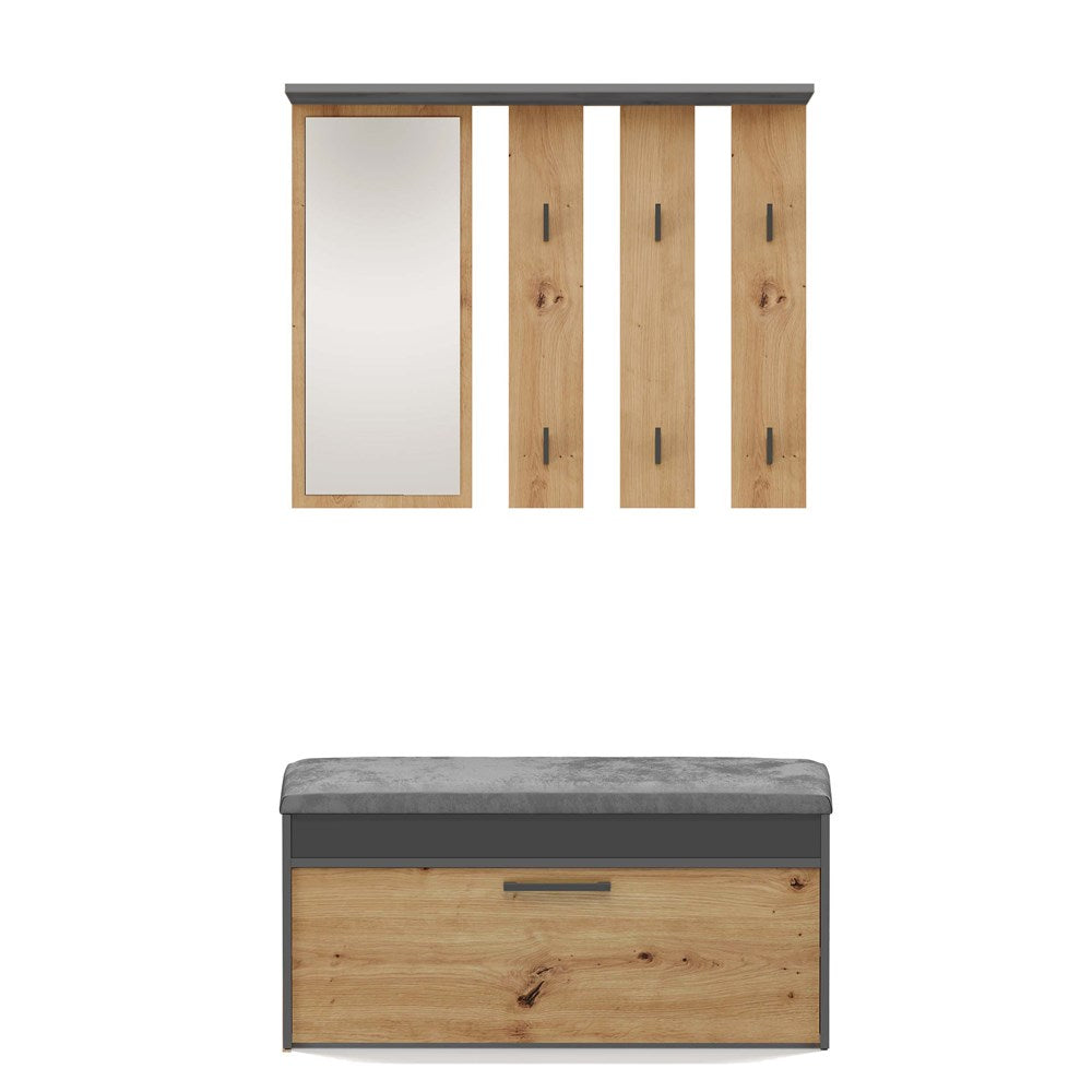 Garderoobeset Parma – Modern halmeubel met schoenbank, spiegel en 6 haken | Antraciet/Artisan Eiken