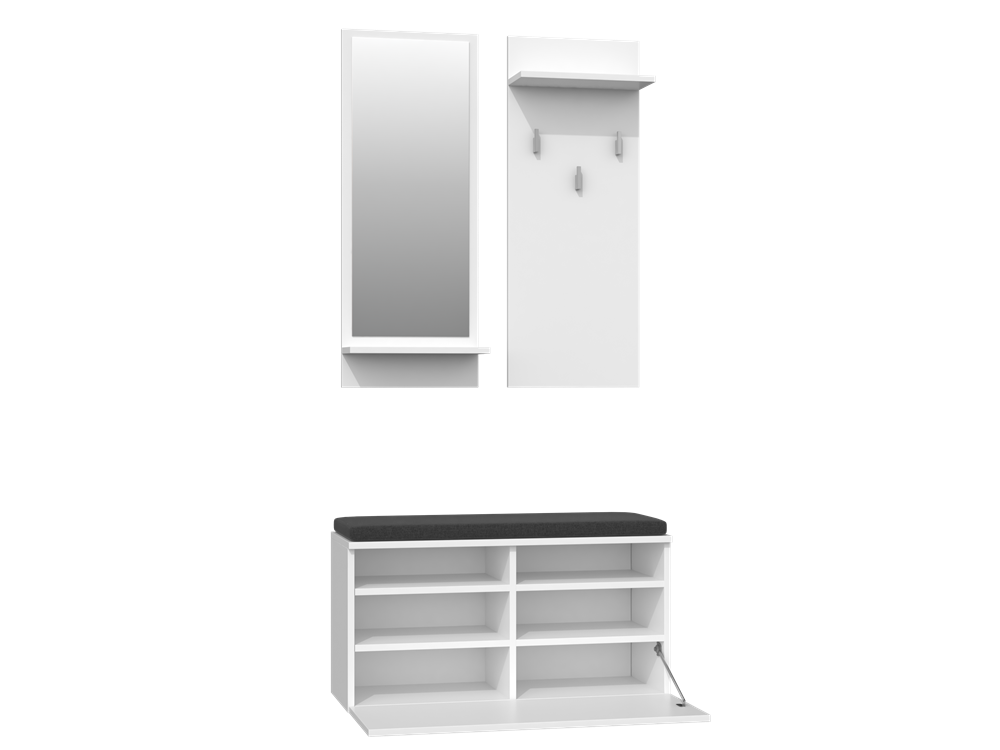 Moderne garderobe "RIVA" met spiegel, plank en schoenenkast | Kleur: Wit | Afmetingen: 85x46x90 cm