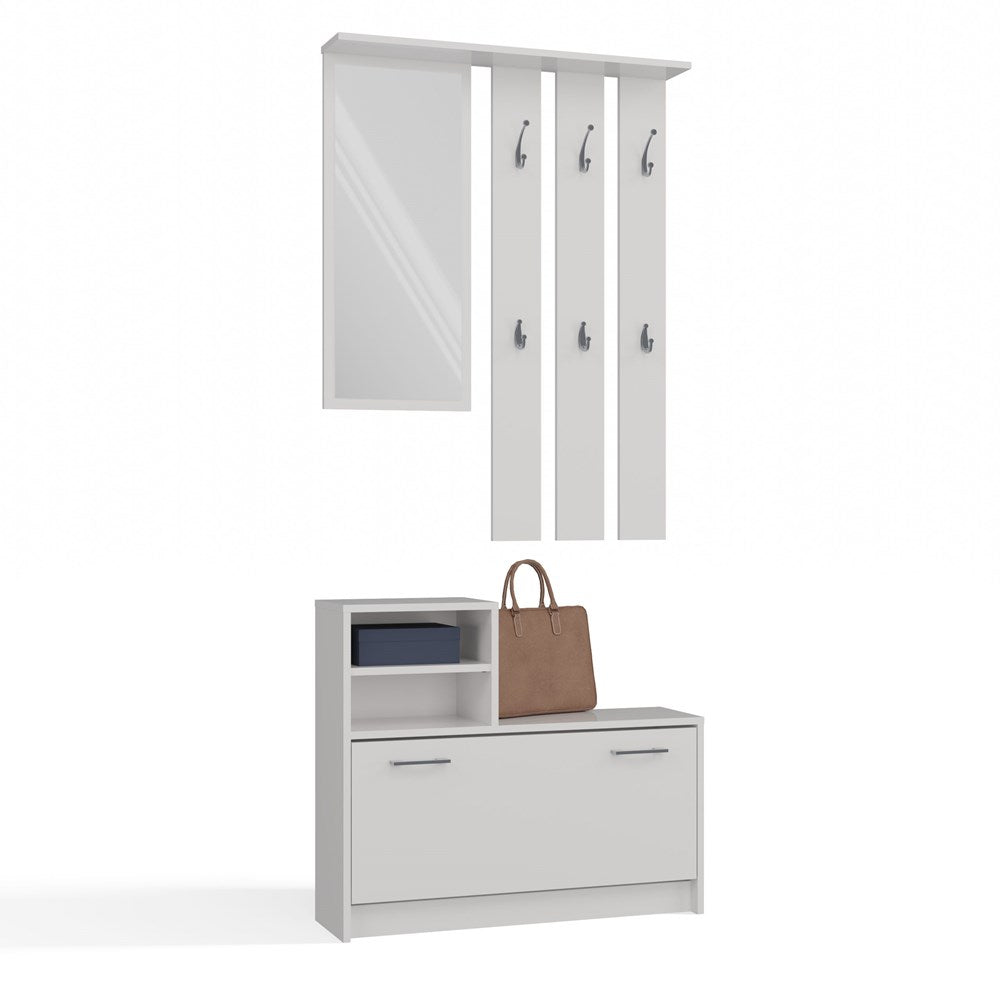 Moderne halsethanger met spiegel en schoenenkast - 6 kleerhangers | Wit | 85x180x24 cm