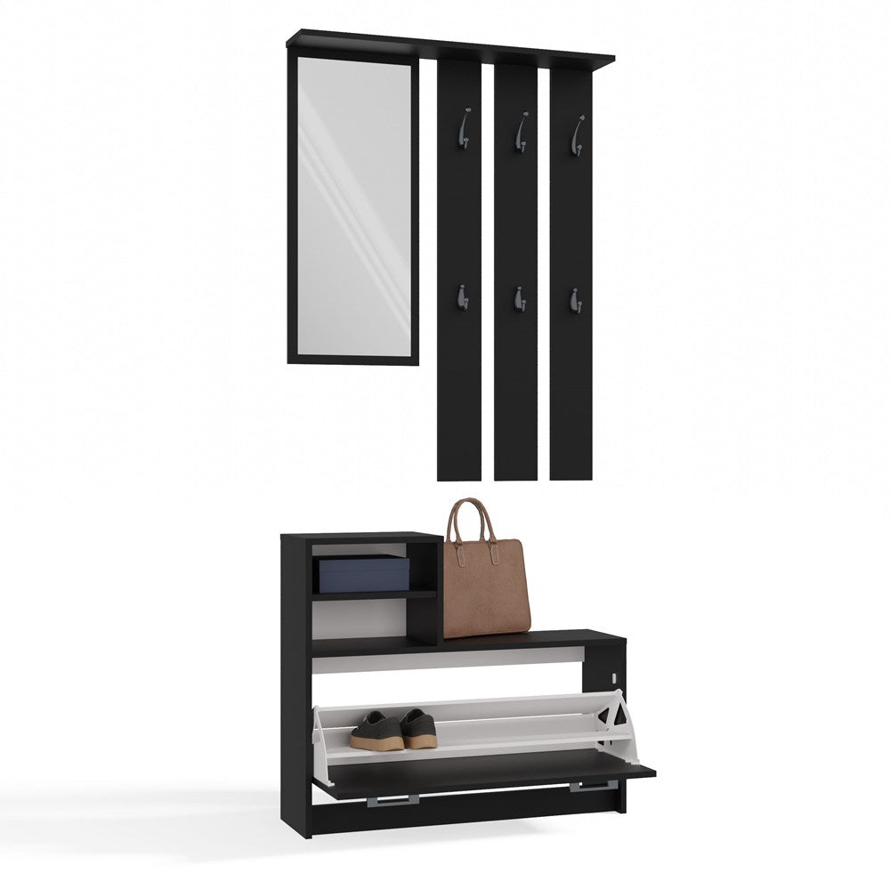 Multifunctionele Halset Garderobe met Spiegel en Schoenenkast | Kleur: Zwart | Maat: 85x24x180 cm