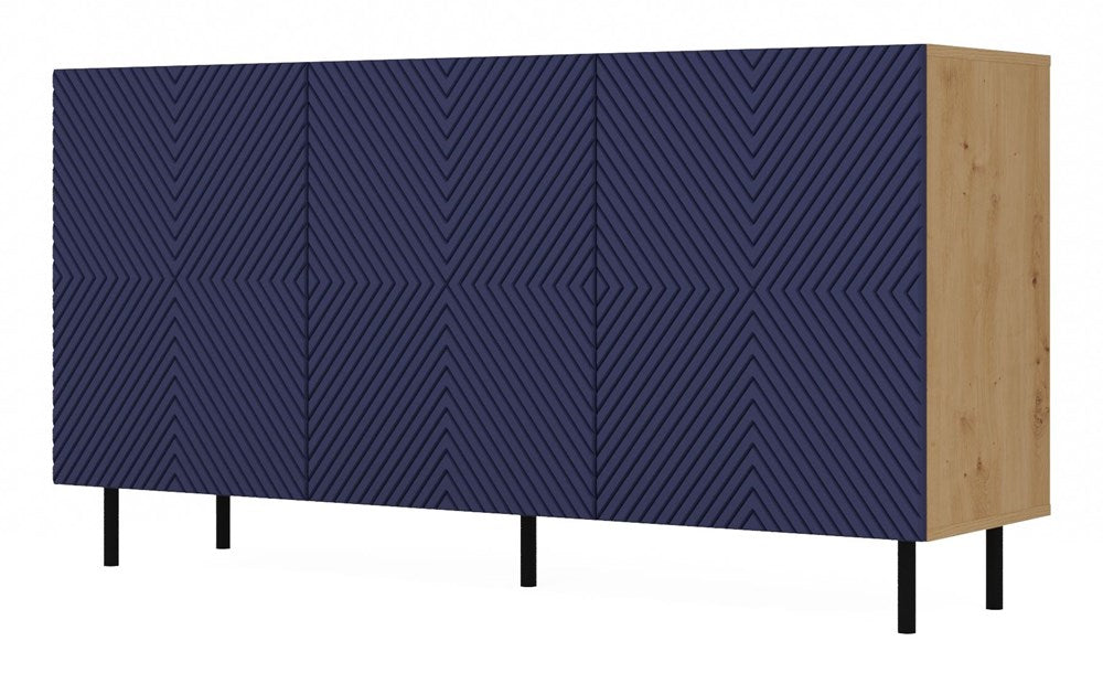 Ladekast KAMA 3K met gegroefde fronten en TIP-ON systeem | Artisan eik & Marineblauw | 150x40x78 cm