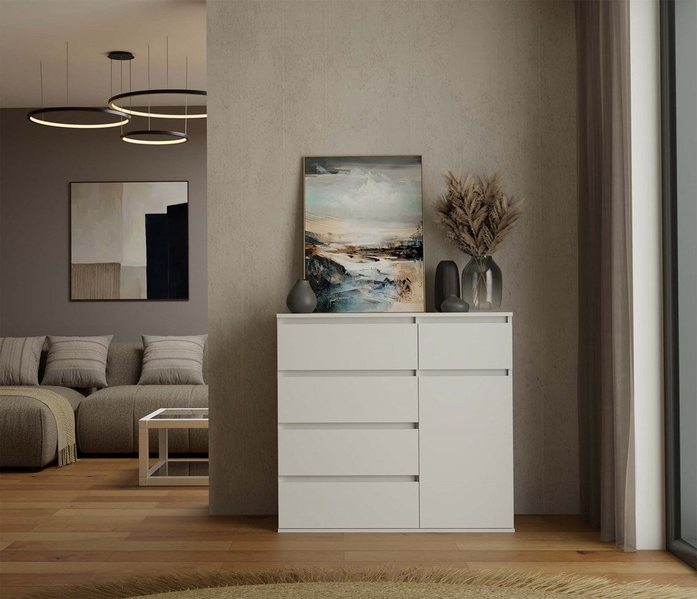 Moderne ladekast 1D5S met 1 deur en 5 lades – MALWA Serie | Kleur: Mat wit | Maat: 100x40x93 cm