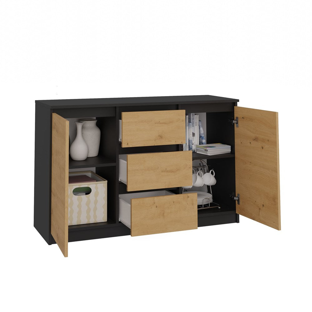 Moderne ladekast 2 deuren 3 laden - Praktische opberger | Antraciet / Artisan Eiken | 120 cm