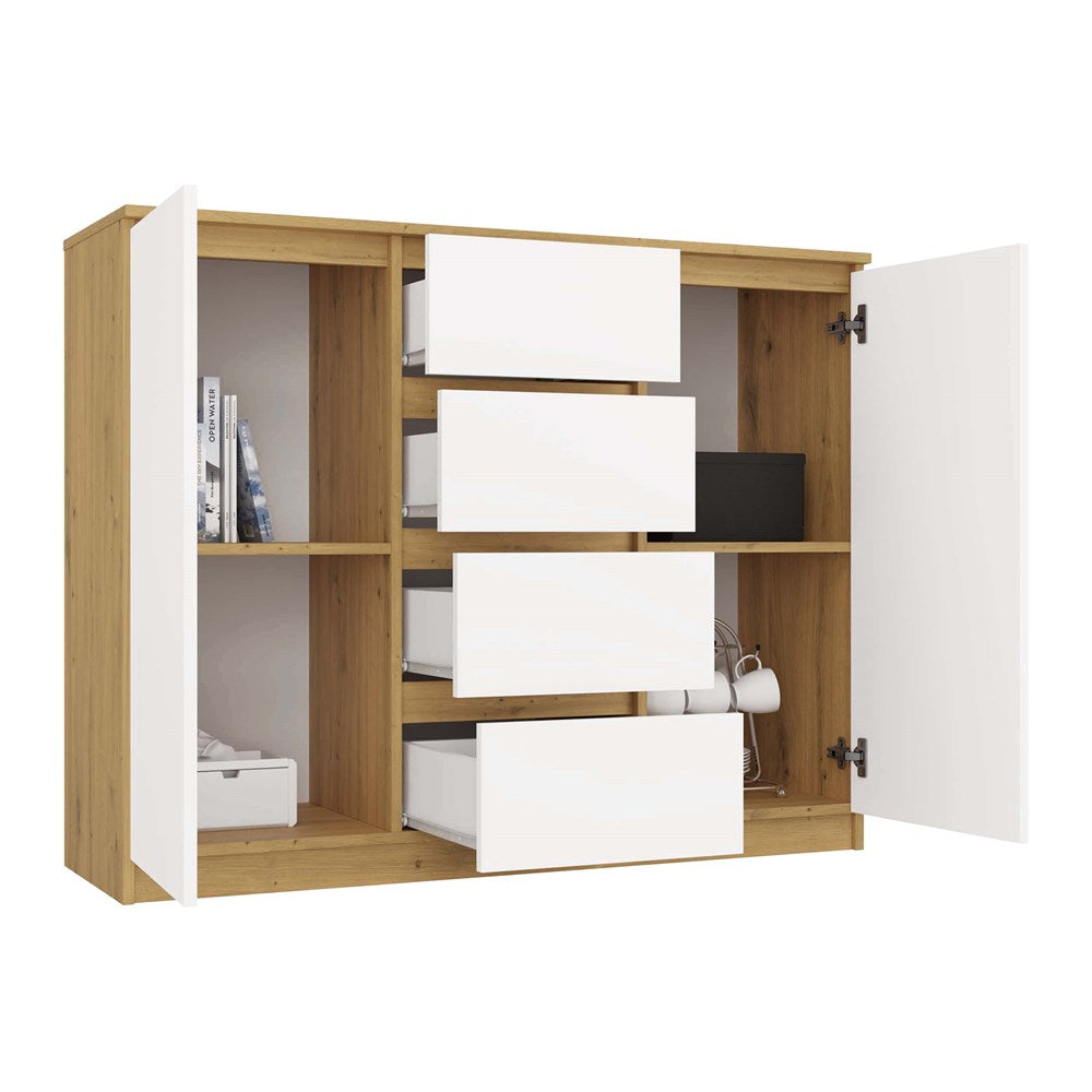 Modern dressoir 2 deuren 4 lades - Ambachtelijk eiken en wit | 120x40x97 cm