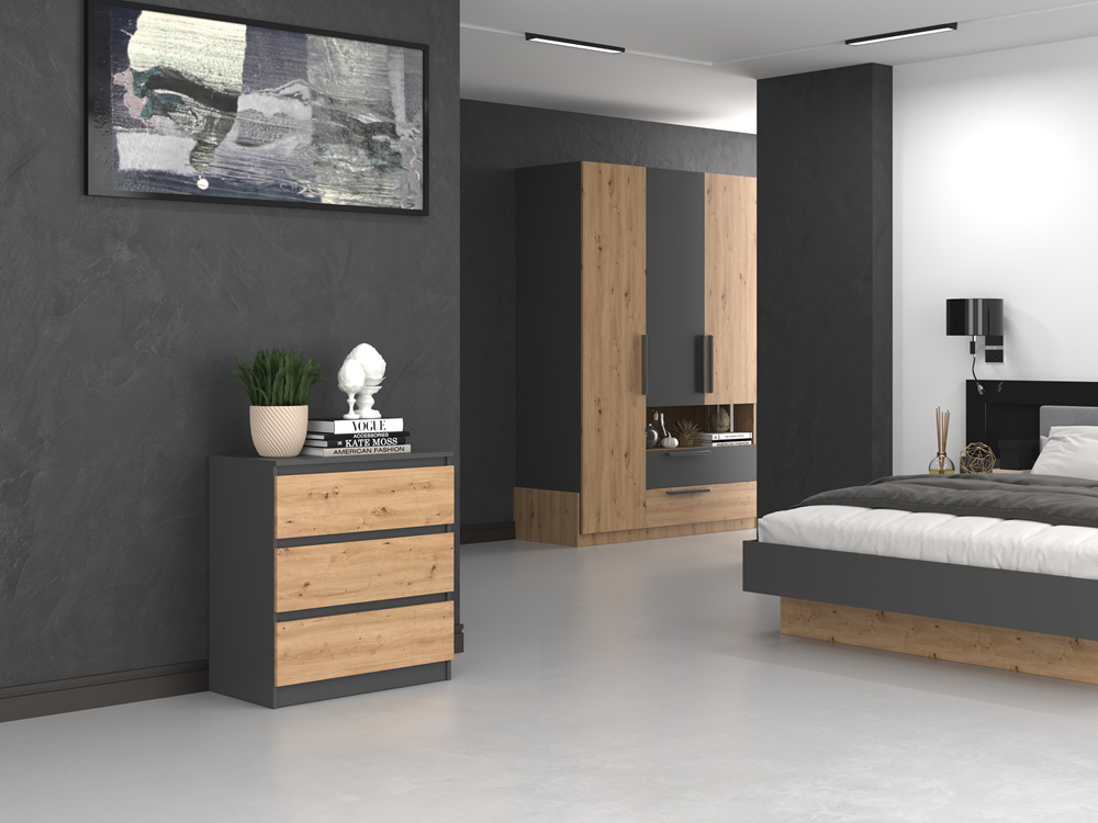 Grote MALWA ladekast met 3 lades, greeploos, modern design | Kleur: Antraciet / Artisan Eiken