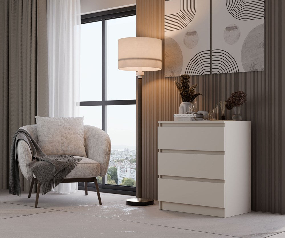Moderne grote ladekast MALWA M3 met 3 greeploze lades | Kleur: Kashmir Beige | Maat: 75x70x40 cm
