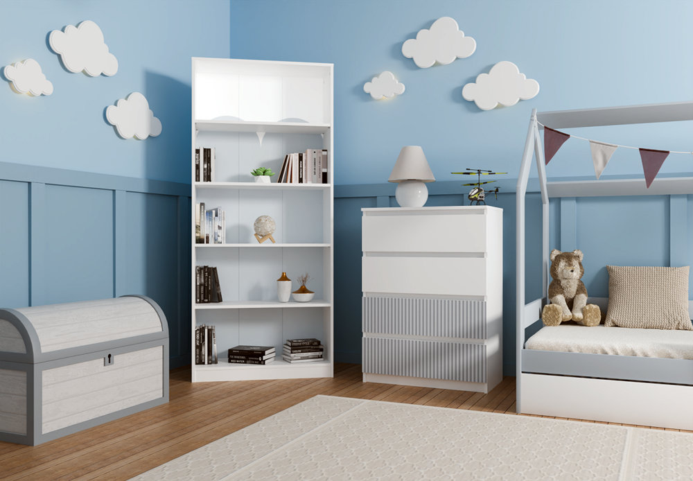 Grote kist met 4 lades MALWA M4 ARTEO - Kinderkast wit/blauw | Kleur: Wit/Blauw | Maat: 70x40x97 cm