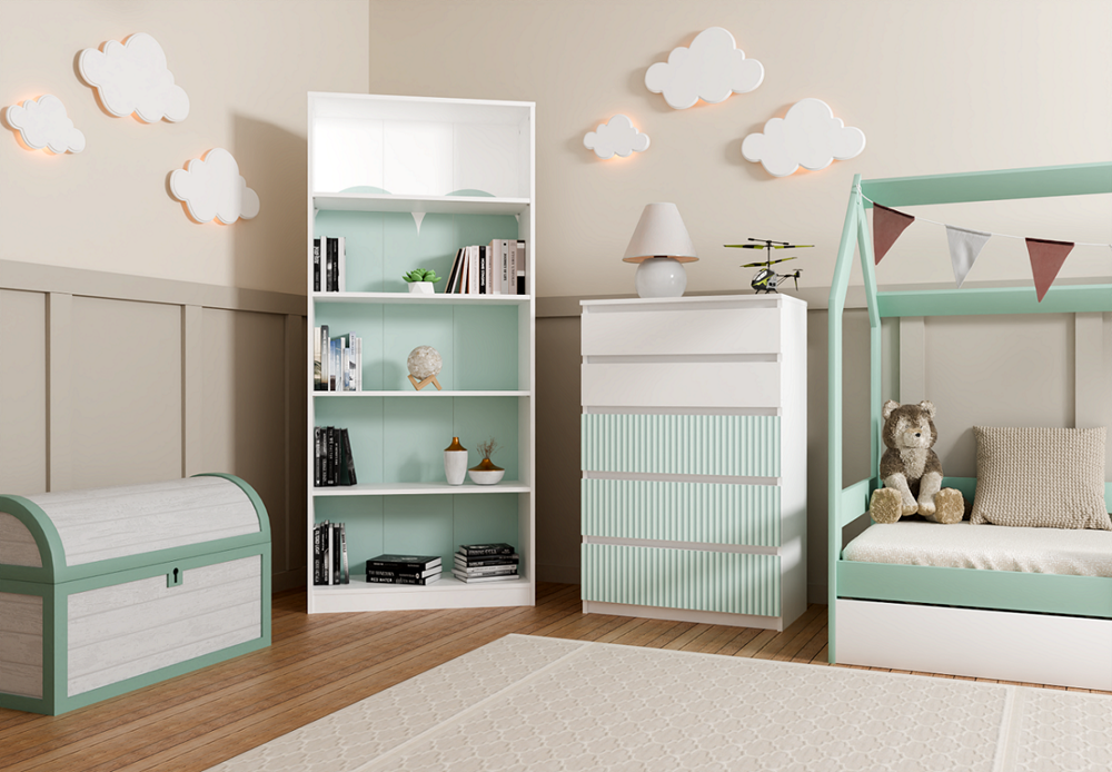 Grote kist met 5 lades MALWA M5 ARTESO - Wit met mint verticale patronen | Kleur: Wit/Mint