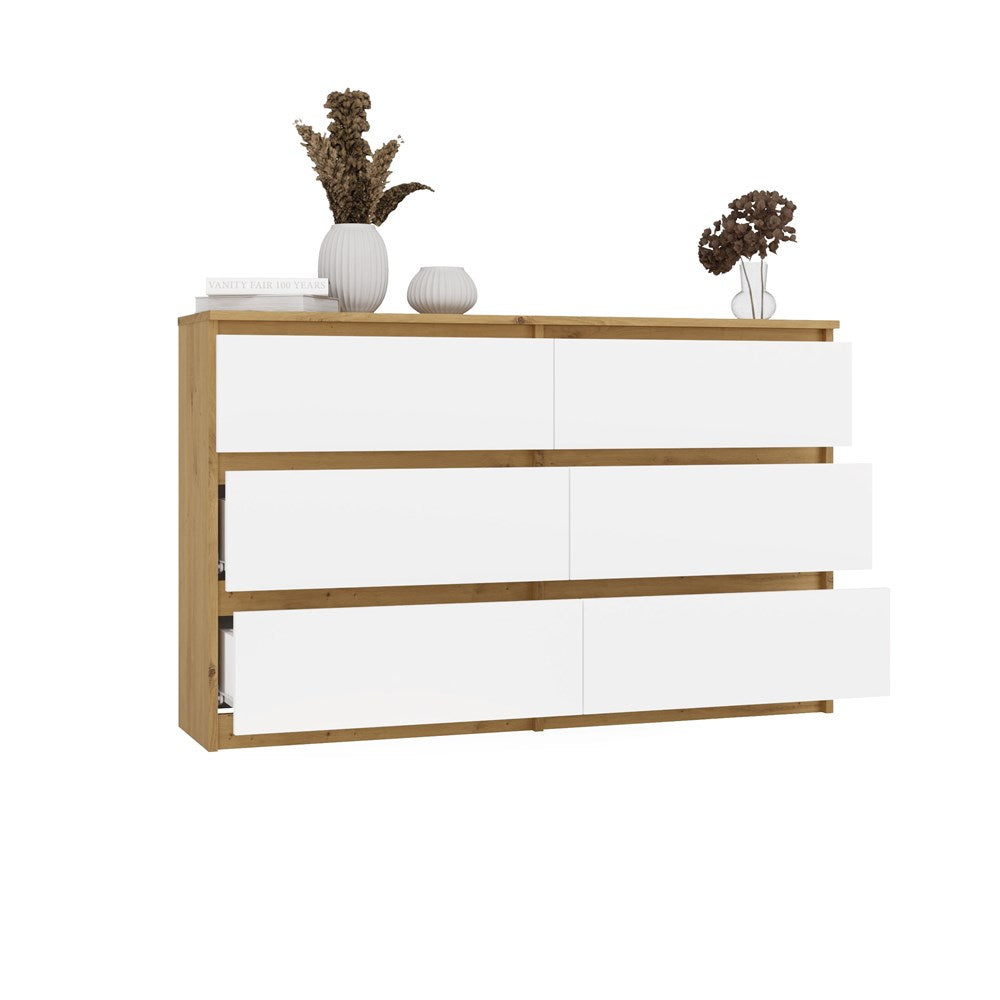 Moderne Malwa M6 ladekast 6 lades - Greeploos design | Kleur: Eiken/wit | Maat: 120x75x30 cm