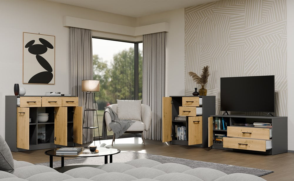 Moderne ladekast Simplo 2D2S – 2 deuren & 2 lades | Antraciet & Ambachtelijk Eiken | 74x85x35 cm