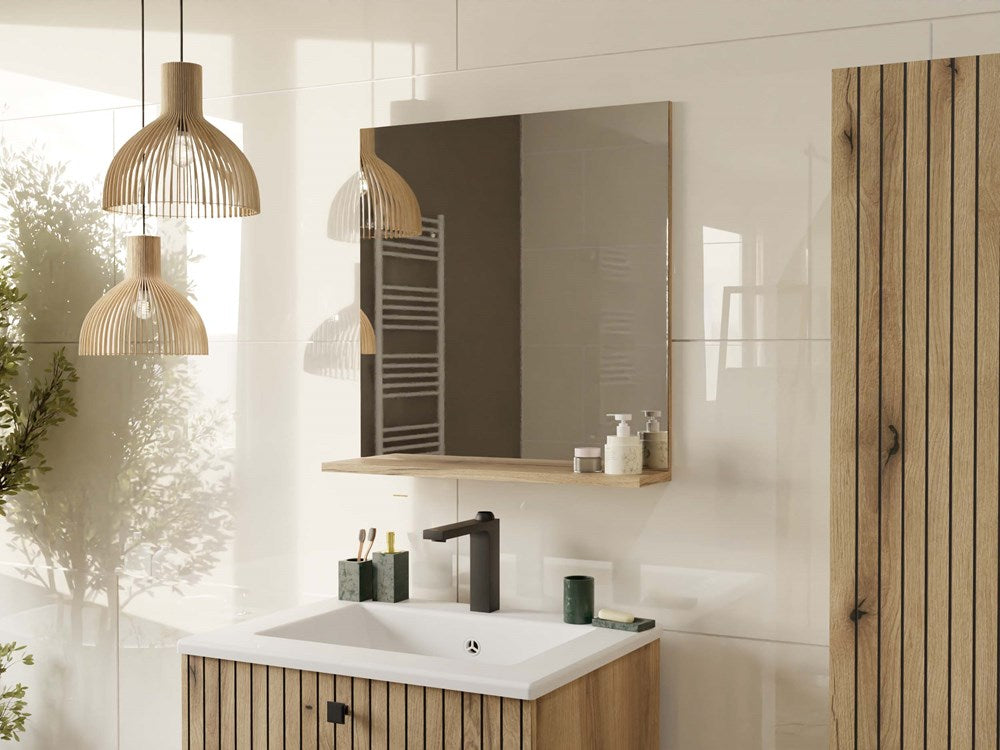 Spiegel met plank TIGO Lustro 60 - Wandspiegel badkamer & hal | Kleur: Evoke Eiken | 60x61,5x14 cm