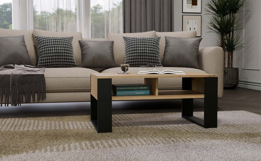 Moderne salontafel Modern 2P met 2 planken, krasbestendig | Artisan eiken / Zwart | 90x58x50 cm