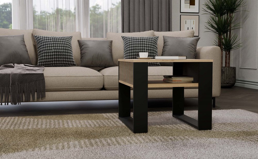 Moderne 2P Mini Slim Salontafel met Legplank – Artisan Eiken/Zwart | 58x58x50 cm