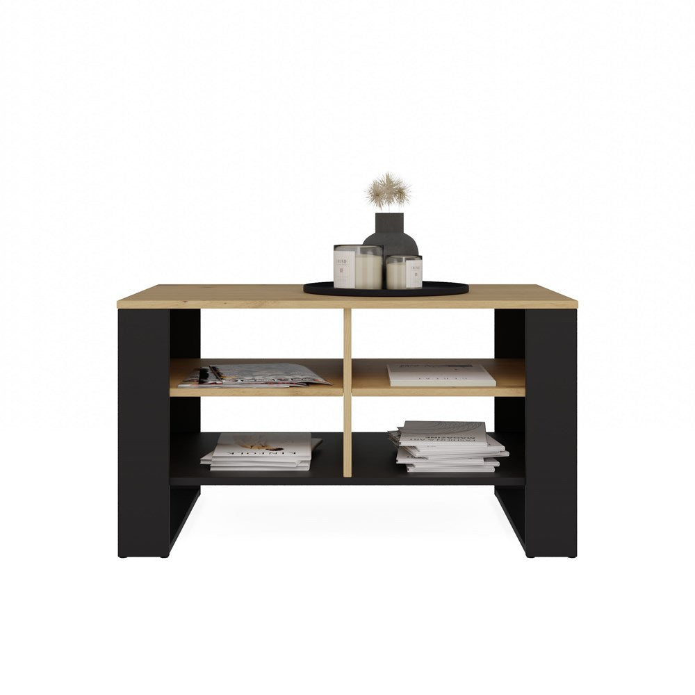 Moderne 4P Slim Salontafel met 4 Opbergplanken - Artisan Eiken / Zwart | 90x58x50 cm