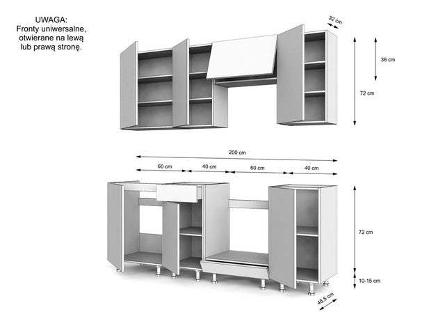 Keukenmeubelset Vario 200cm Z3 – Modern design met zwarte fronten en eiken accenten | Kleur: Roep