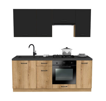 Keukenmeubelset VARIO 200CM Z4 – Compacte, krasbestendige keuken | Kleur: Zwart/Evoke Eik/District