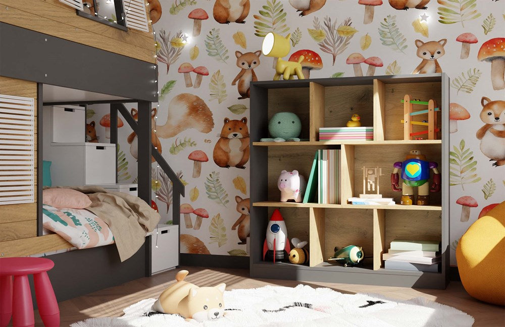 Open Staande Boekenkast FIESTA 8P - 8 Vakken, Scandinavisch Design | Kleur: Antraciet / Artisan