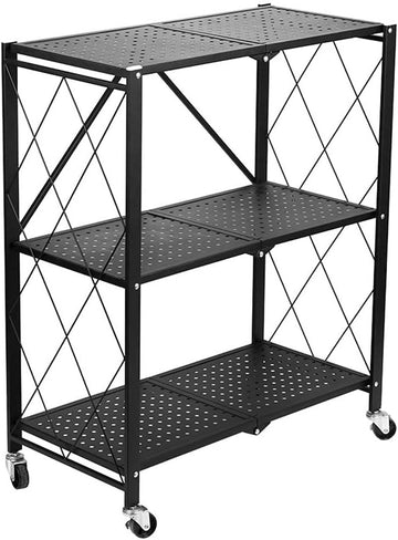 Opvouwbaar 3-planken keuken- en opbergrek met wielen - LOFT stijl | Kleur: Zwart | Maat: 87x72x34 cm