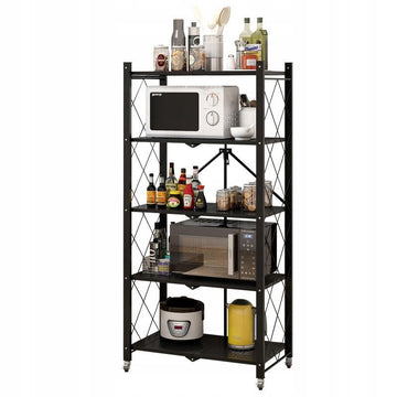 Opvouwbaar keuken- en opbergrek op wielen - 5 planken, LOFT-stijl | Kleur: Zwart | Maat: 163x72x34