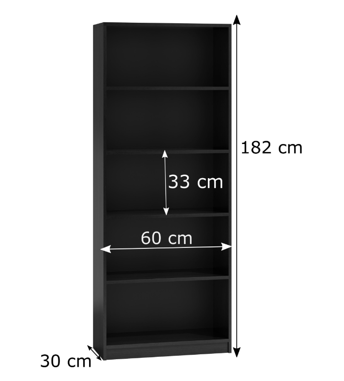 Klassiek Zwart Boekenrek R60 - Stevig, 5 Planken, 182x60x30 cm | Kleur: Zwart