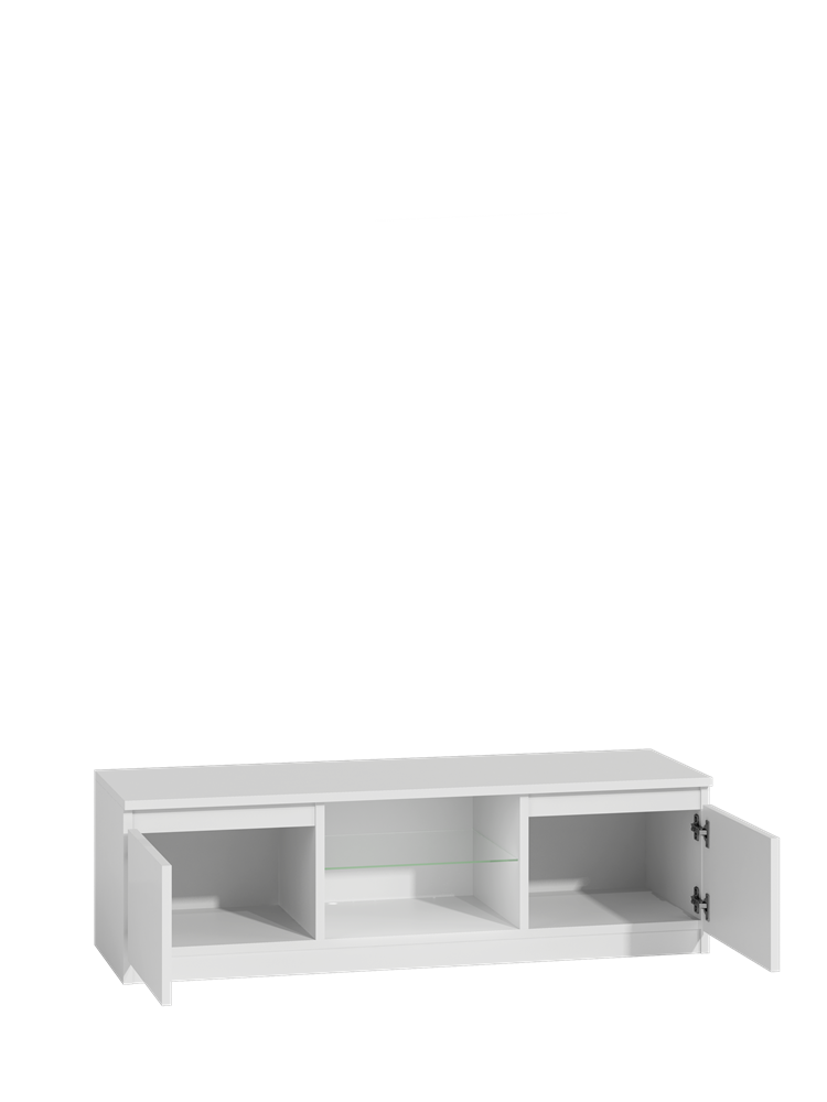TV-kast Malwa 140 – Glanzend wit hoogglans, met glazen plank en opbergruimte | Kleur: Glanzend Wit
