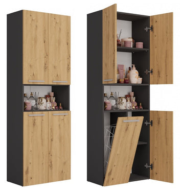 Badkamerkast NEL DK 1K - 5 planken & mandje | Antraciet & Artisan Eiken | 60x30x174 cm