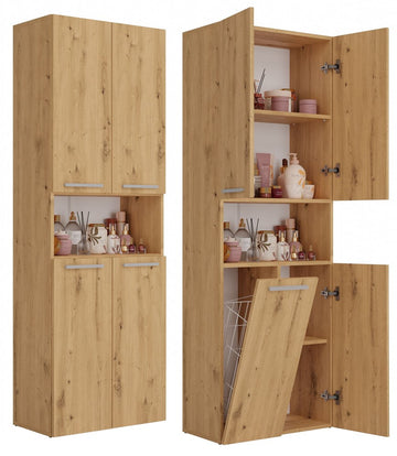 Badramekast & Boekenkast NEL DK 1K – Compacte opbergkast met mand | Artisan Eiken | 60x30x174 cm