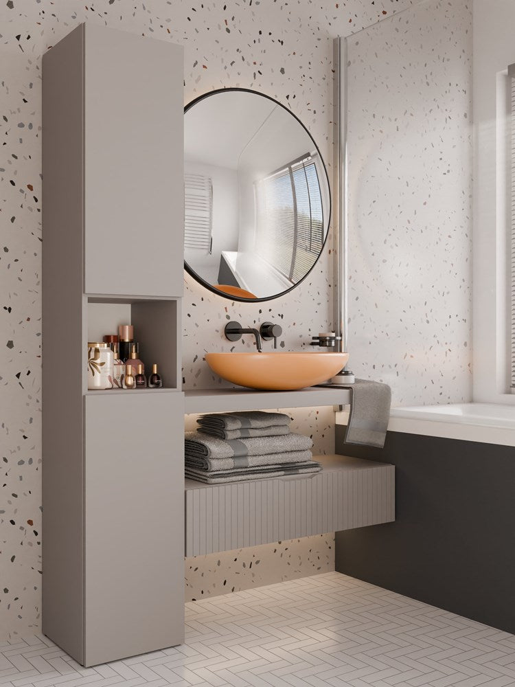 Badkamerkast NEL III met wasmand - TIP-ON, verstelbare deur | Kleur: Klei Grijs | 31x30x174 cm