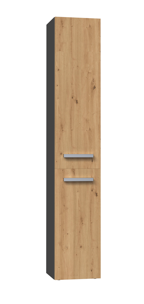 Nel IV Badkamerkast met lange deur en mand – Antraciet & Ambachtelijk Eiken | 31x30x174 cm