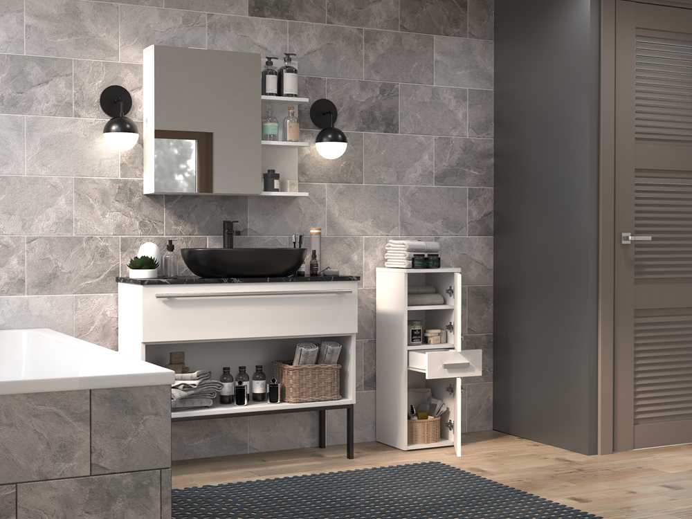 Badkamerkast NEL V DDS met lade en 2 deuren - Mat Wit | Afm: 30x30x85 cm