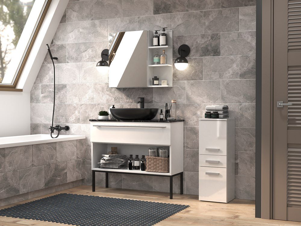 Badkamerkast NEL V DDS met lade en 2 deuren – Compacte opberger | Wit mat & glans | 30x30x85 cm