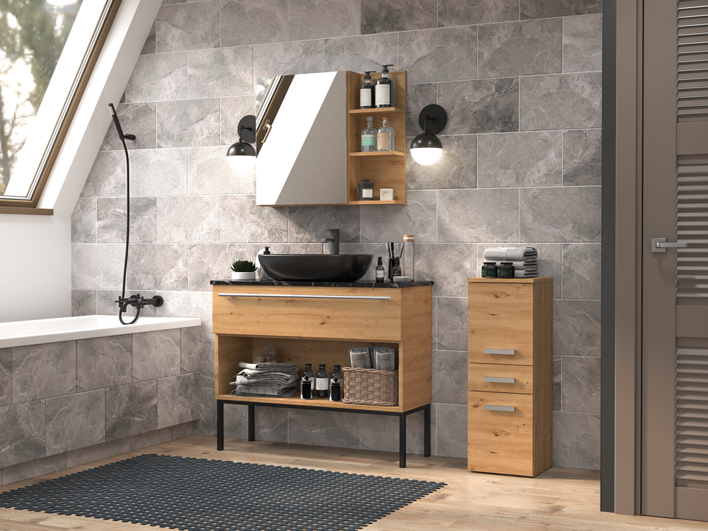 Badkamerkast NEL V DDS met lade en 2 deuren - Compacte opberger | Artisan Oak | 30x30x85 cm