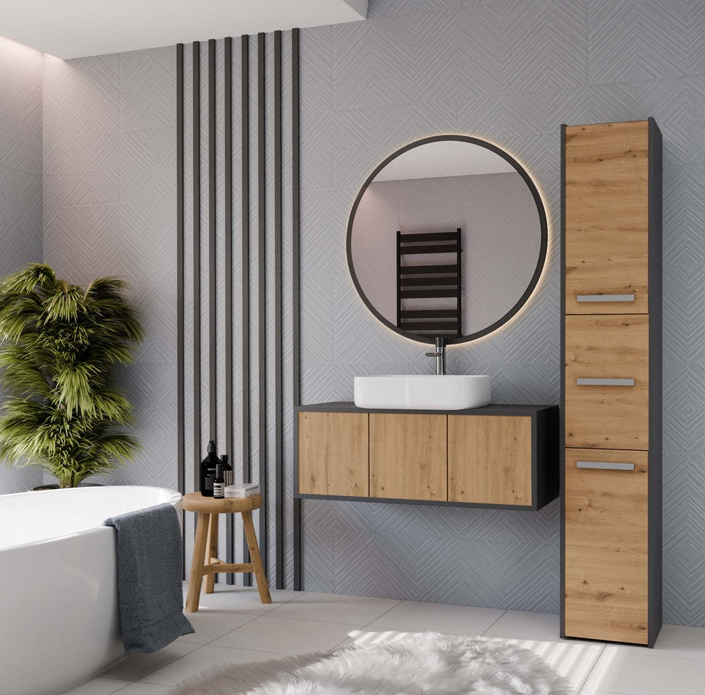 Moderne Badkamerkast POST met 3 Deuren – Compact & Functioneel | Kleur: Antraciet & Artisan Eiken