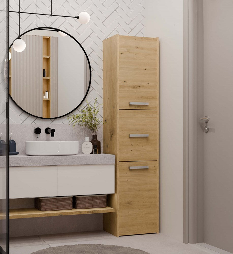 Moderne badkamerkast S43 met 3 deuren - Compacte opbergruimte | Artisan eiken | 40x30x170 cm
