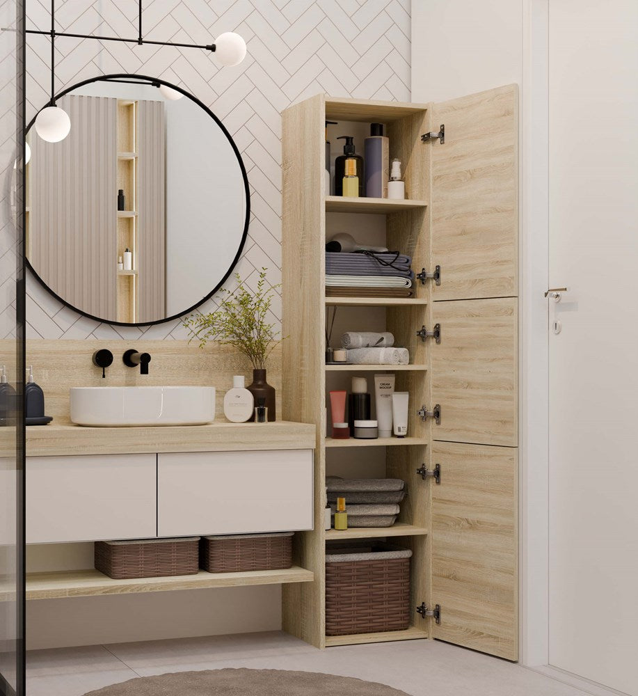 Moderne badkamerkast S43 met 3 deuren – Opbergruimte en Zelfmontage | Sonoma Eiken | 170x40x30 cm