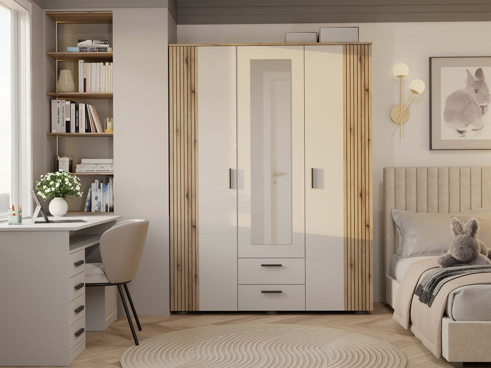 Grote kledingkast met 3 deuren, 2 lades en spiegel – AVA 150 | Kleur: Kasjmier / Evoke Oak