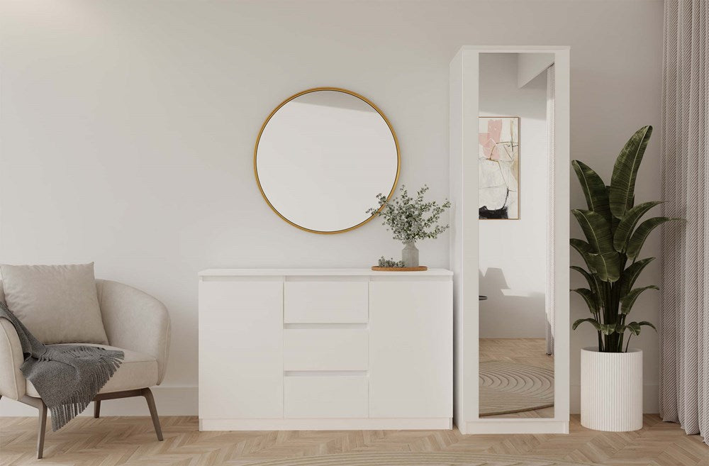 SD-50 Smalle Kledingkast met Spiegel – Tip-on Systeem, 50x50x180 cm | Kleur: Mat Wit