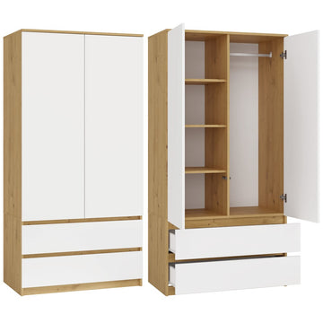 Moderne garderobekast MALWA SS-90 met TIP-ON, 5 planken en 2 lades | Artisan Eik/Wit | 90x180x50 cm
